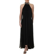 Women's Jewel Neck Pleated Chiffon Gown (2, Black)